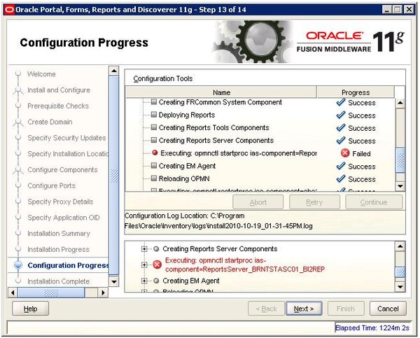 Screenshot of the Oracle Reports 11g installer: Configuration Progress fails on opmnctl startproc for the Reports Server