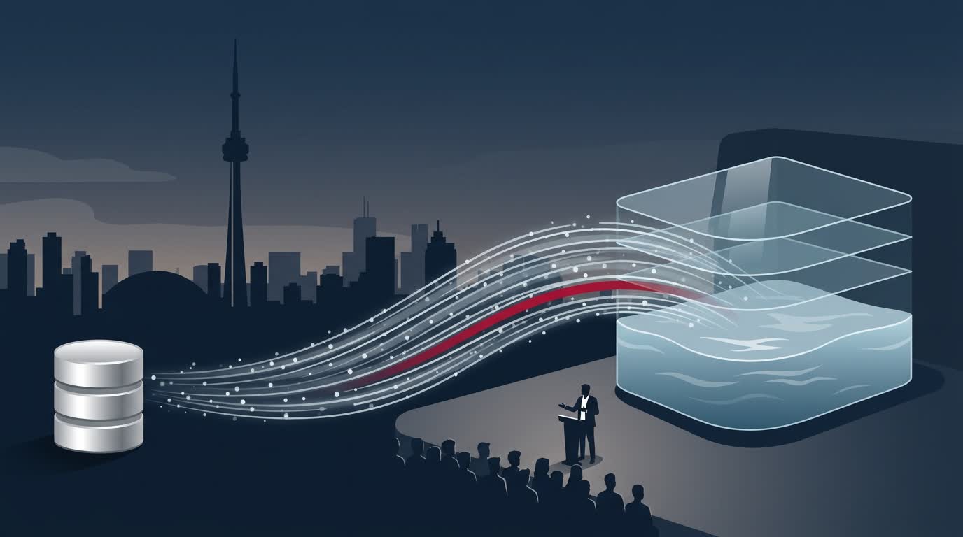 Illustration: data flowing from an Oracle database to a modern lakehouse platform, in front of the Toronto skyline
